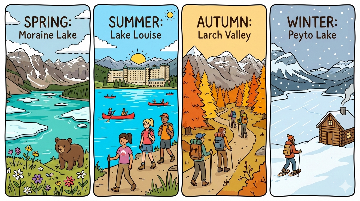 Cartoon illustration divided into four panels showing Banff National Park seasons: Spring at Moraine Lake with a bear, Summer canoeing at Lake Louise, Autumn hiking in Larch Valley, and Winter snowshoeing at Peyto Lake.