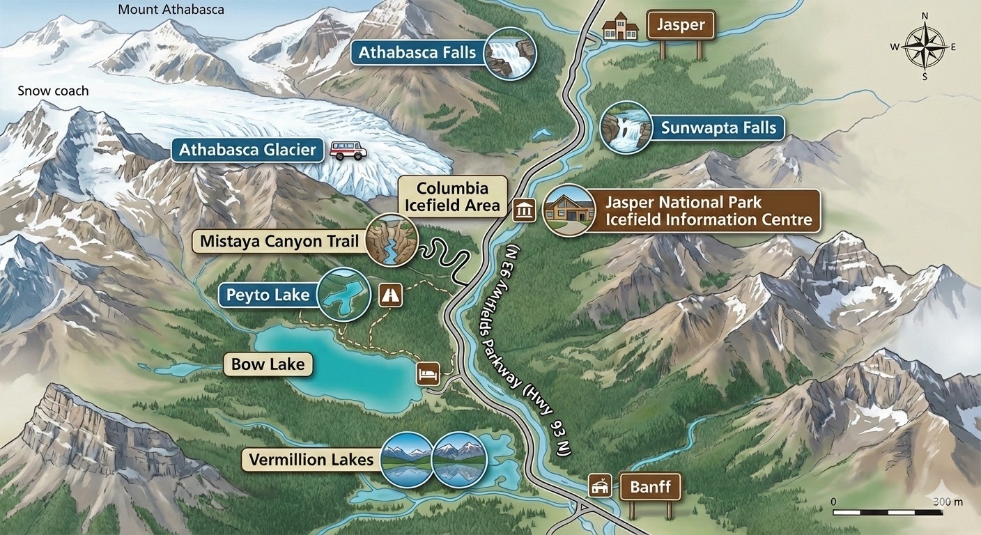 Illustrated map of the Icefields Parkway showing key stops between Banff and Jasper National Parks