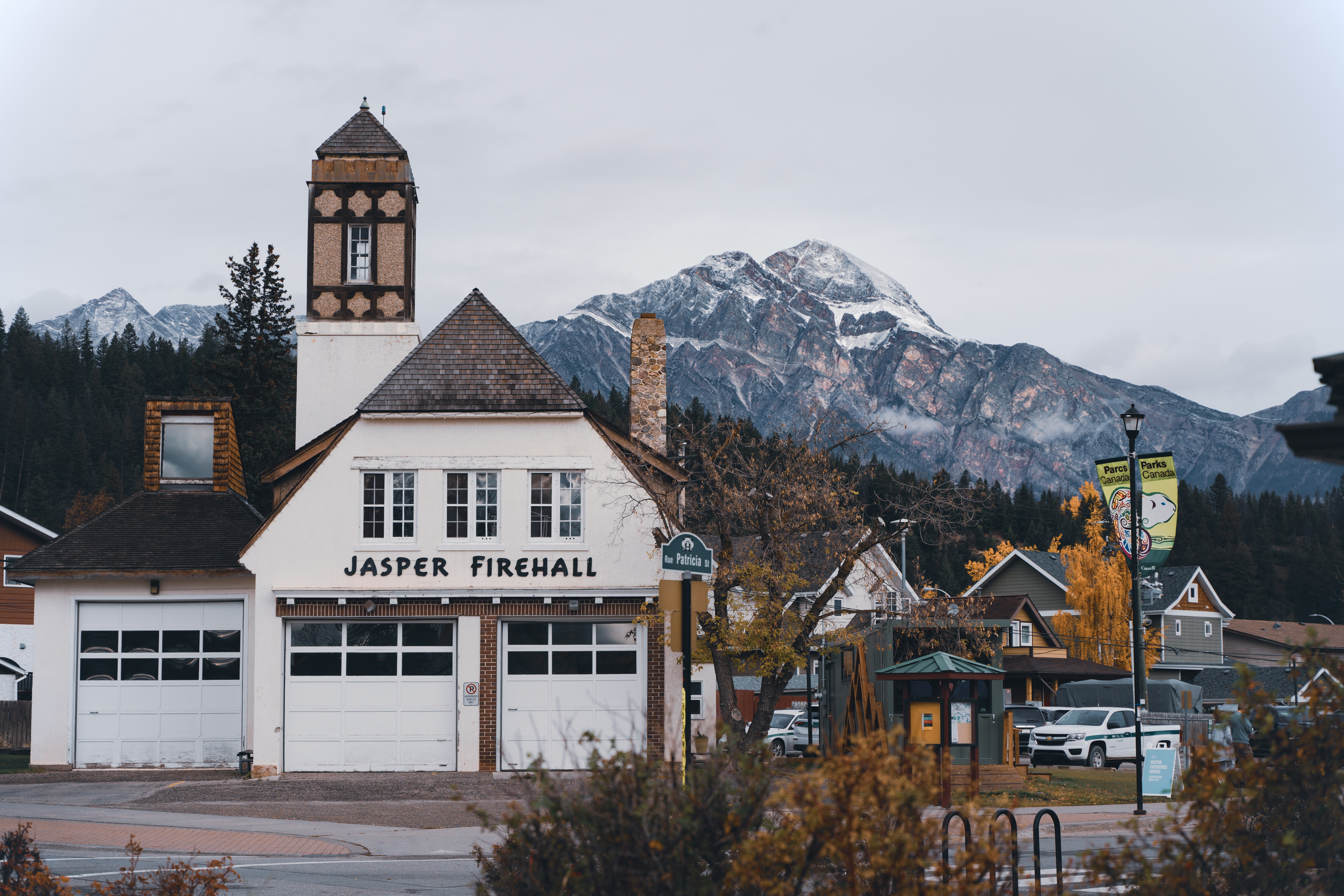 Jasper town street view with the Jasper Fire Hall in Jasper, Alberta