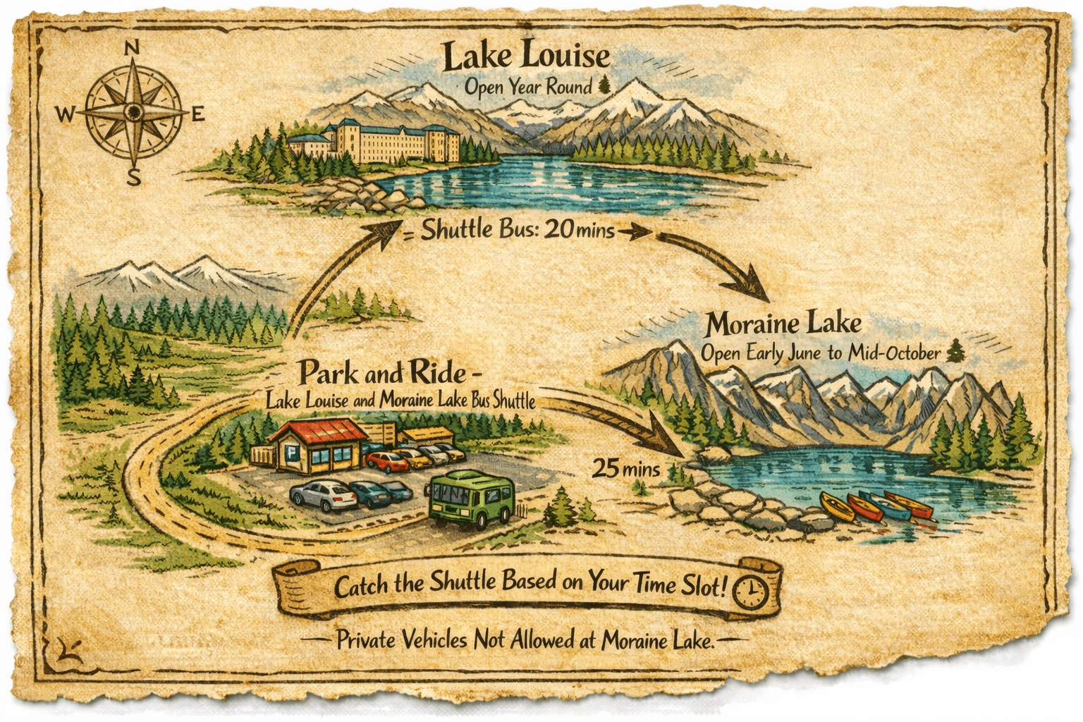 Hand-drawn map showing the Parks Canada shuttle routes between the Lake Louise Park and Ride, Lake Louise, and Moraine Lake.