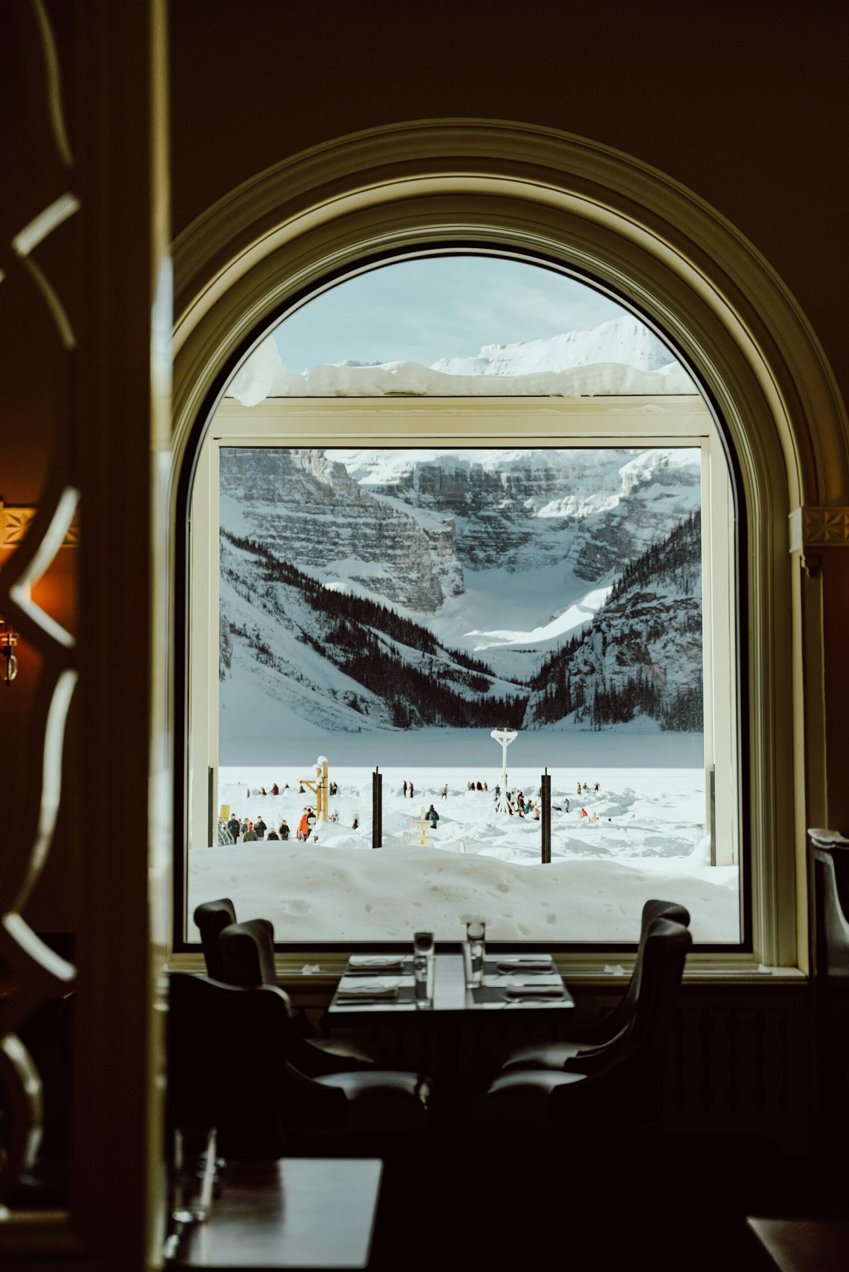 Winter view of Lake Louise from a Fairmont hotel window in Banff National Park