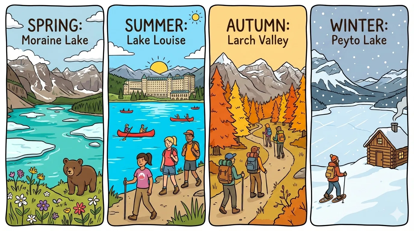 Illustration of Banff National Park across the four seasons
