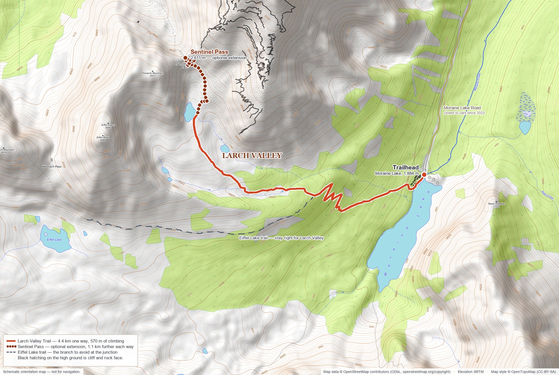 Topographic map of the Larch Valley Trail: the route climbs west from the Moraine Lake trailhead at 1,884 metres through Larch Valley to Minnestimma Lakes, with the optional Sentinel Pass extension shown as a dotted line, the Eiffel Lake trail branching south, and Moraine Lake Road marked closed to cars since 2023