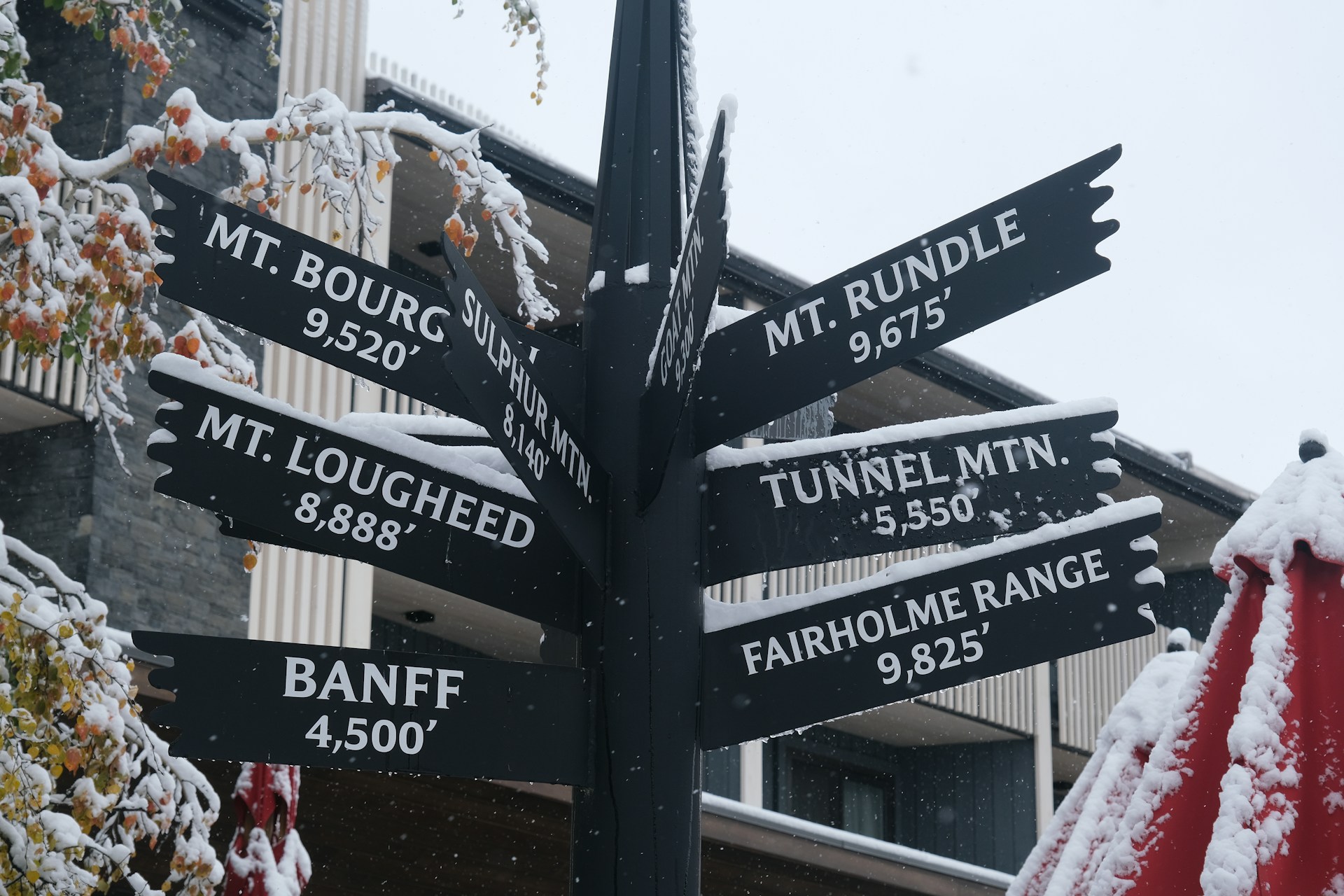 The Banff mountain signpost pointing to Mt. Rundle, Tunnel Mountain and the Fairholme Range, dusted with snow among autumn leaves