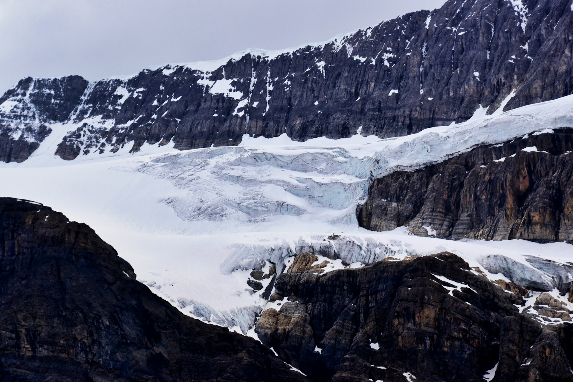 Crowfoot Glacier in winter, its remaining ice tongues hanging over dark cliffs below a snow-covered ridge