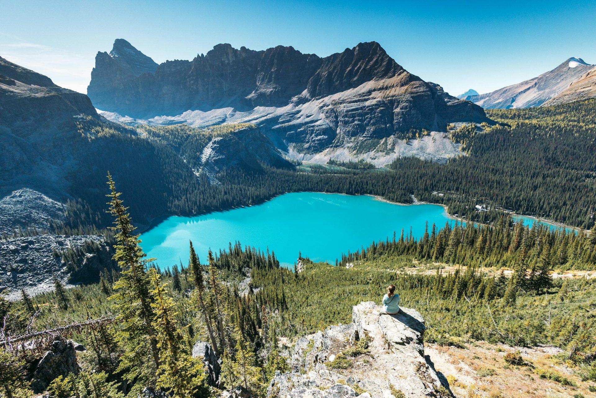 A hiker sitting on a rocky ledge high above turquoise Lake O'Hara, with forest and a jagged mountain wall beyond